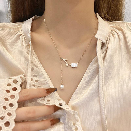 316L Stainless Steel New Fashion Upscale Jewelry Shell Pearl Tassel vintage Tulip Charms Chain Choker Necklace Pendant For Women