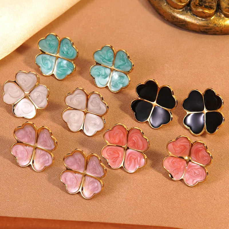 Four-Leaf Clover Enamel Stud Earrings