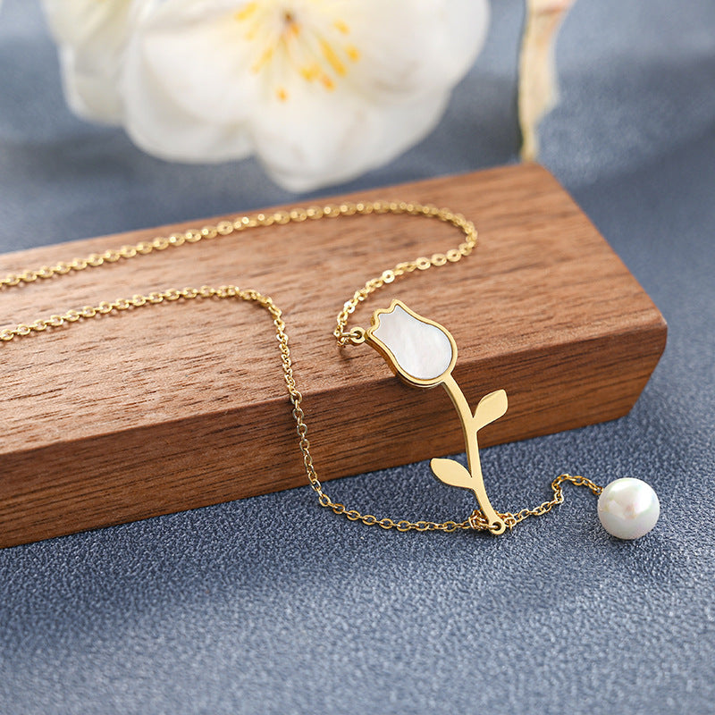 316L Stainless Steel New Fashion Upscale Jewelry Shell Pearl Tassel vintage Tulip Charms Chain Choker Necklace Pendant For Women