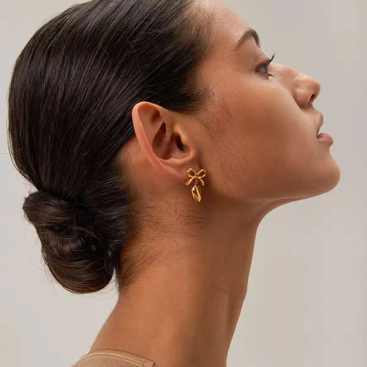 Gold Bow & Heart Drop Earrings