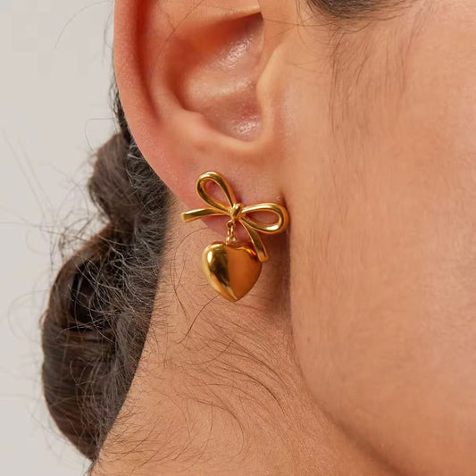 Gold Bow & Heart Drop Earrings
