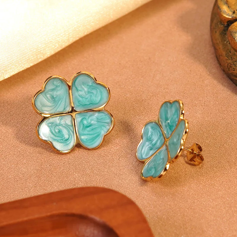 Four-Leaf Clover Enamel Stud Earrings