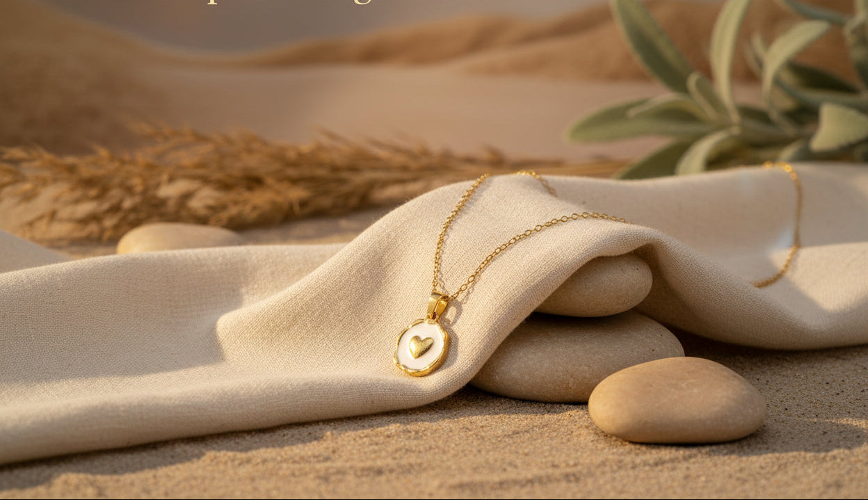 Gold necklace with a heart pendant on a beige fabric with desert background