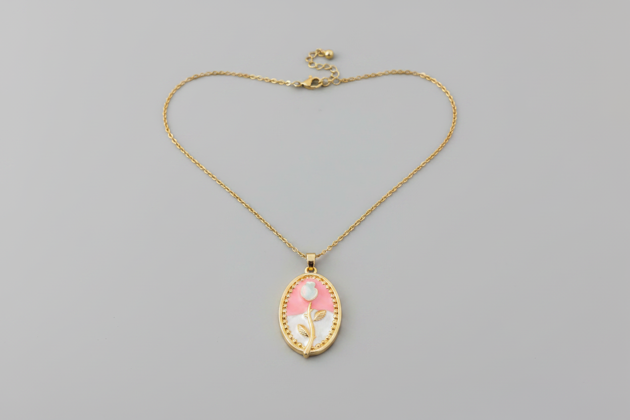 White and Pink Elegant Pearl Rose Flower Necklace (stainless steel)