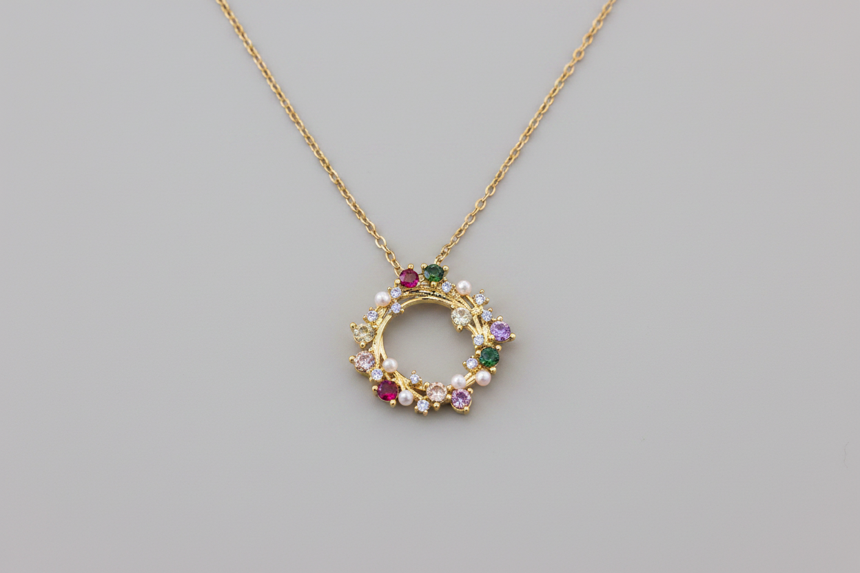 Necklace with a circular pendant featuring colorful stones (stainless steel)