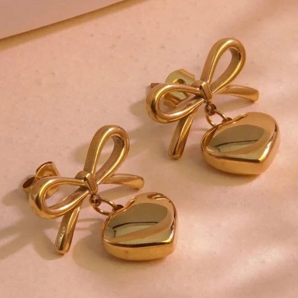 Gold Bow & Heart Drop Earrings