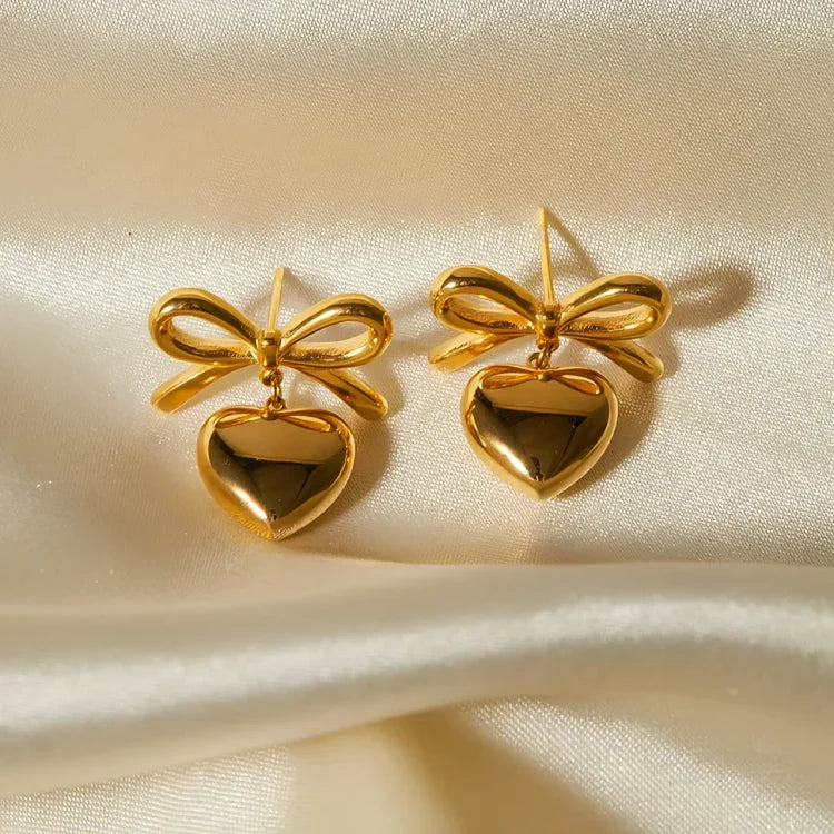 Gold Bow & Heart Drop Earrings